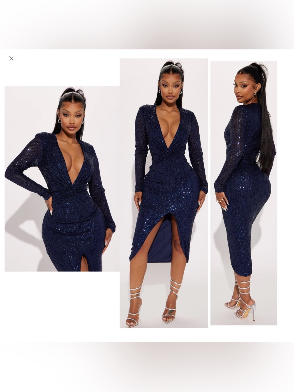 Fashion Nova Navy Blue Katelyn Sequin Twist-Front Midi Dress Front Slit M NWOT